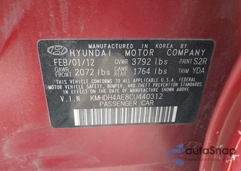2012 Hyundai Elantra Gls (Ulsan Plant) z USA, uszkodzony, nr VIN KMHDH4AE8CU440312